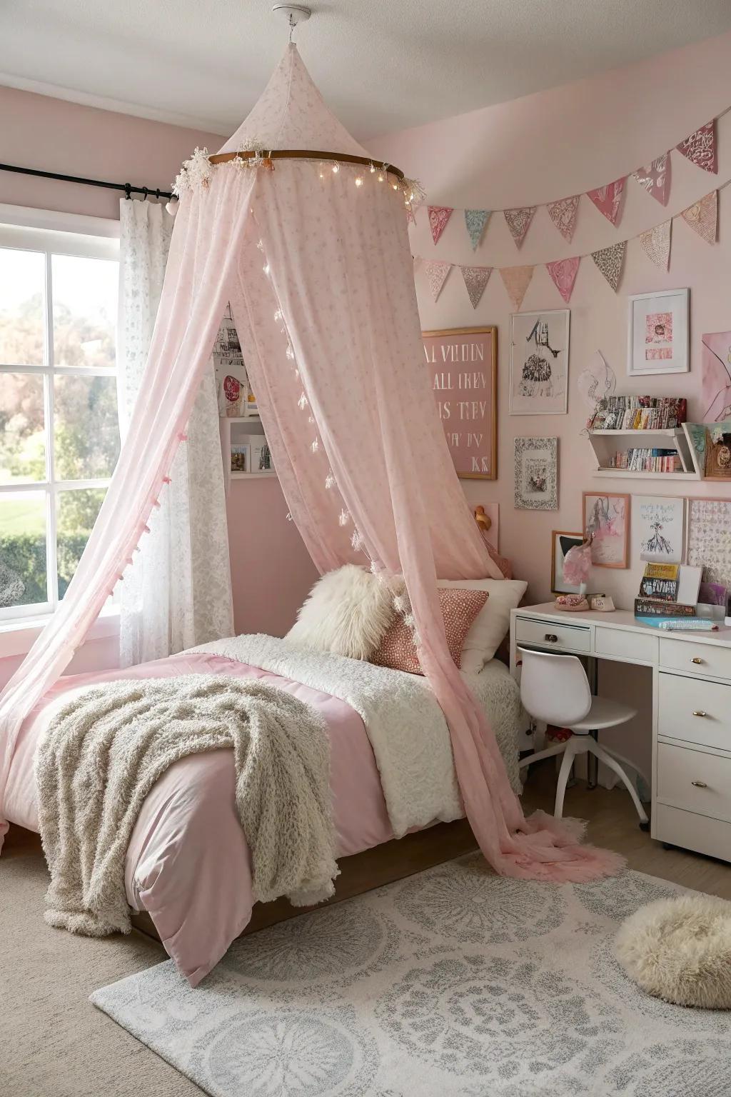 A rose-tinted canopy introduces a dreamy atmosphere to the bedroom.