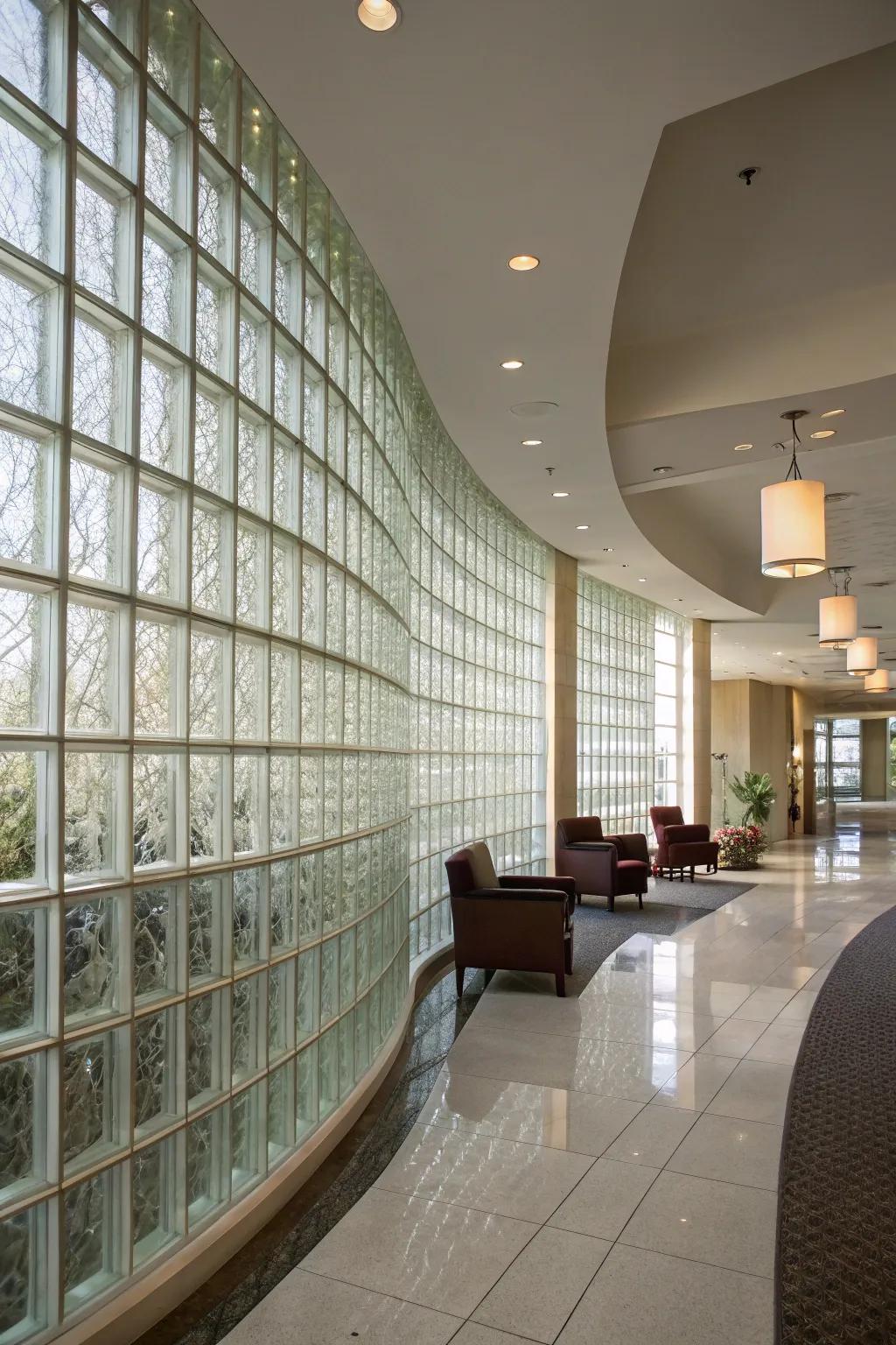 An interior showcasing a curved glass block wall, which incorporates refinement and architectural fascination.