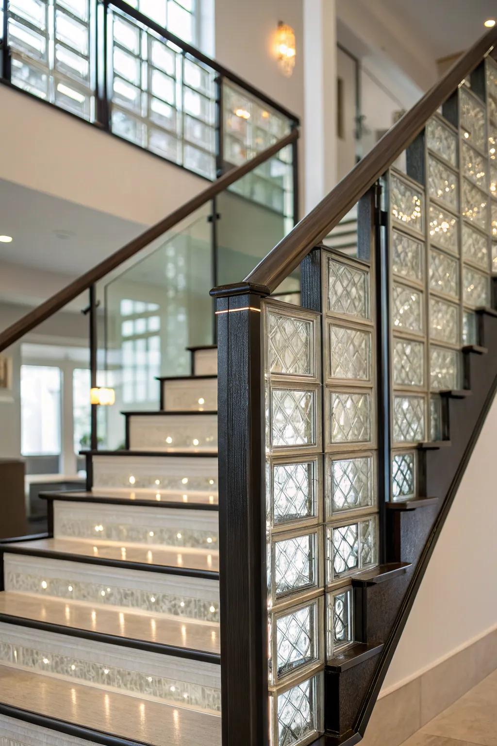 A staircase enhanced by stylish glass brick features.