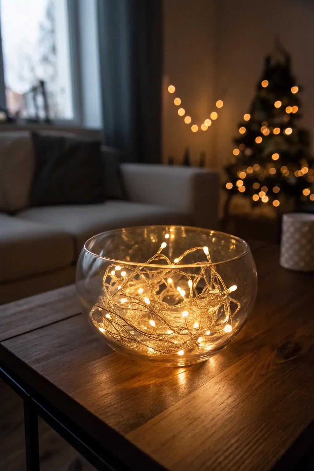 Miniature lights contained within a glass bowl fashion a bewitching atmosphere.