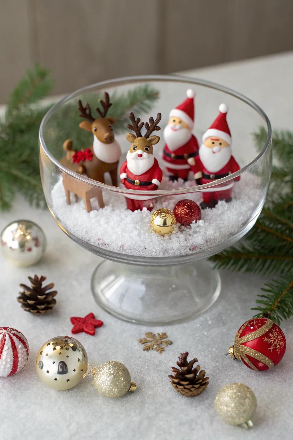 Tiny Christmas statuettes inject charm into a clear vessel.