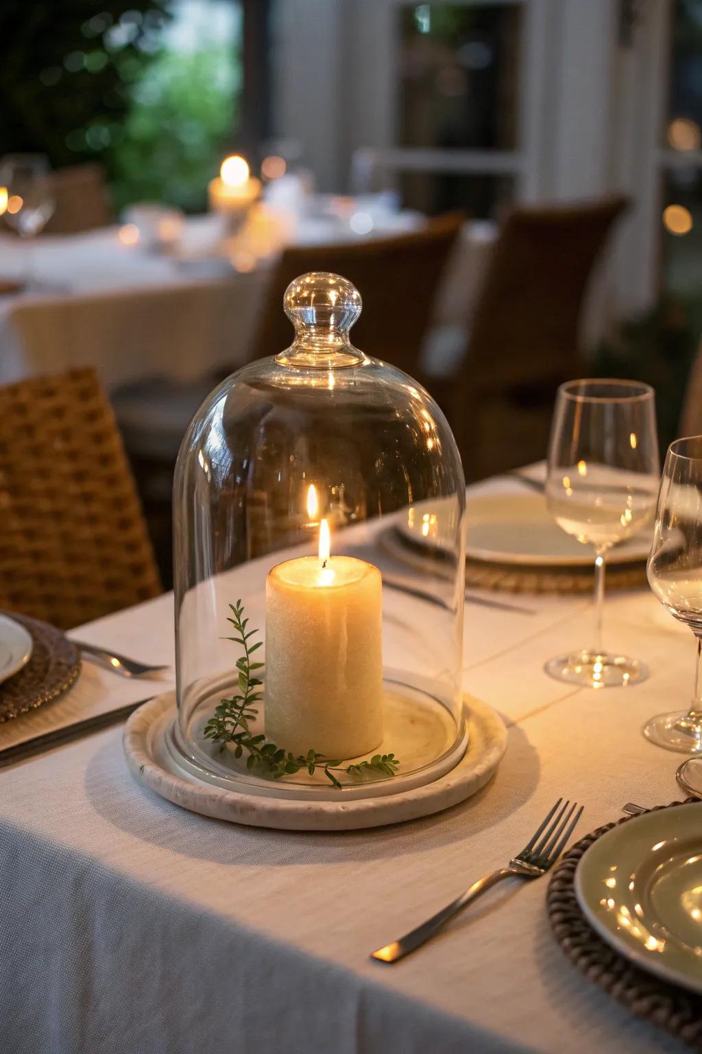 A candle under a glass dome includes a warm radiance to a table setting.