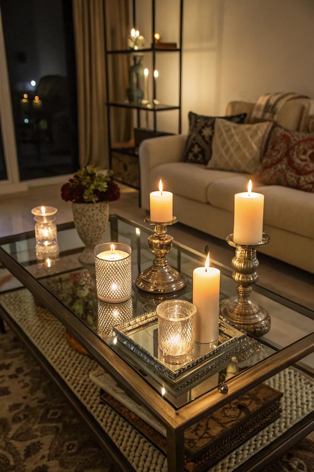 Lights on a glass coffee table create a cozy and welcoming atmosphere.