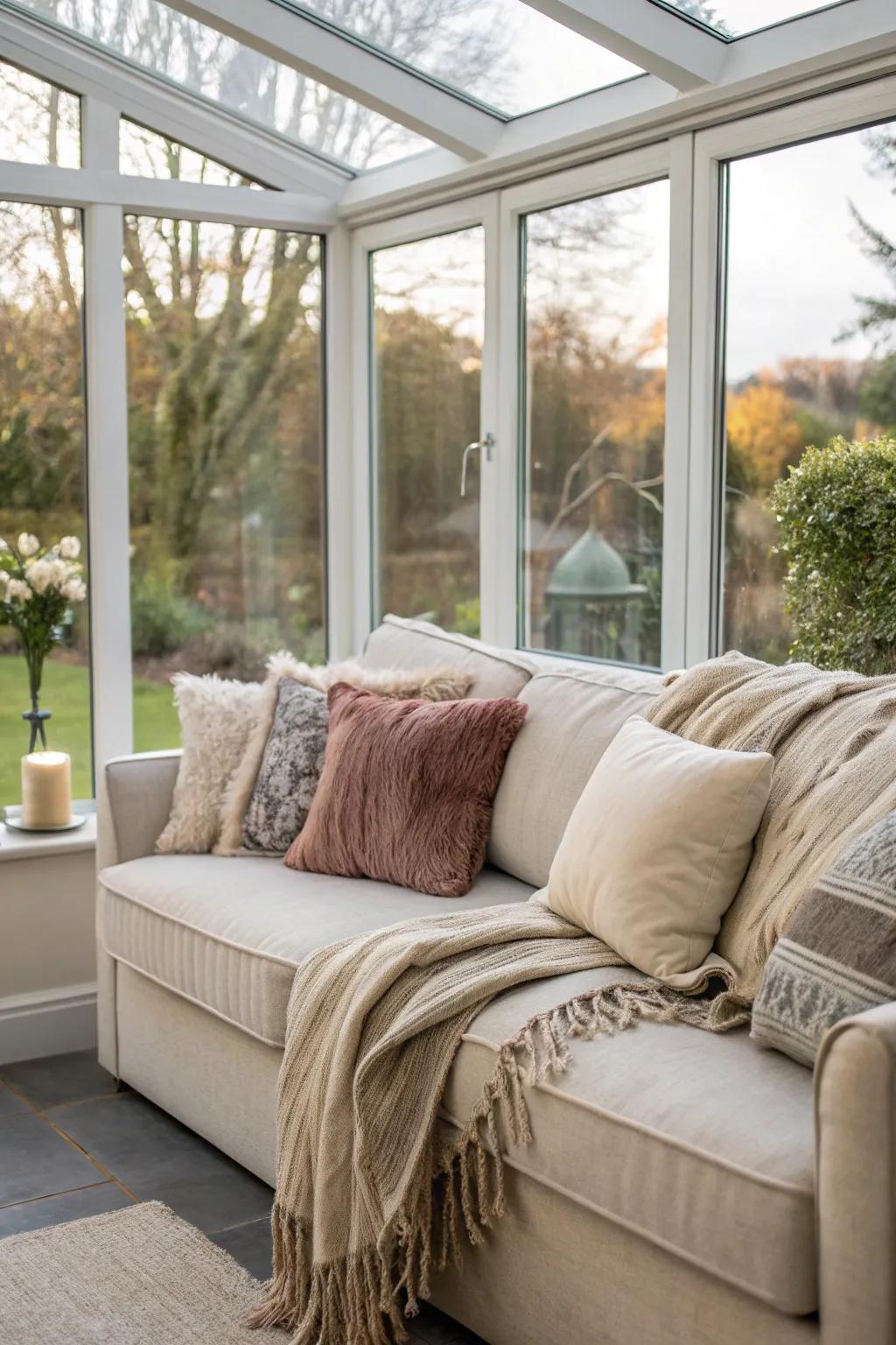 An inviting sectional sofa creates the perfect relaxation area within a glass extension.