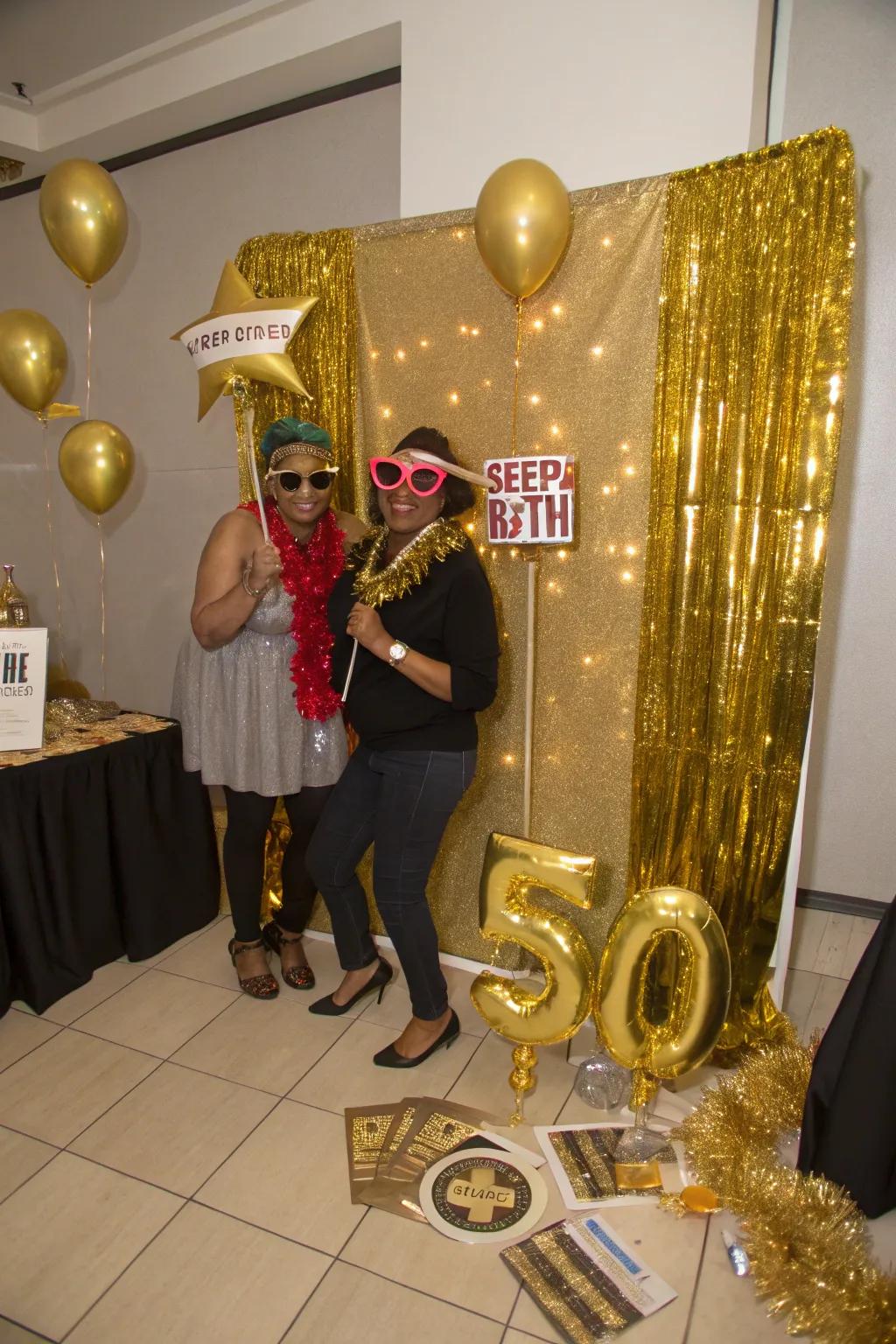 A gold-themed photo booth immortalizes fun memories for attendees.
