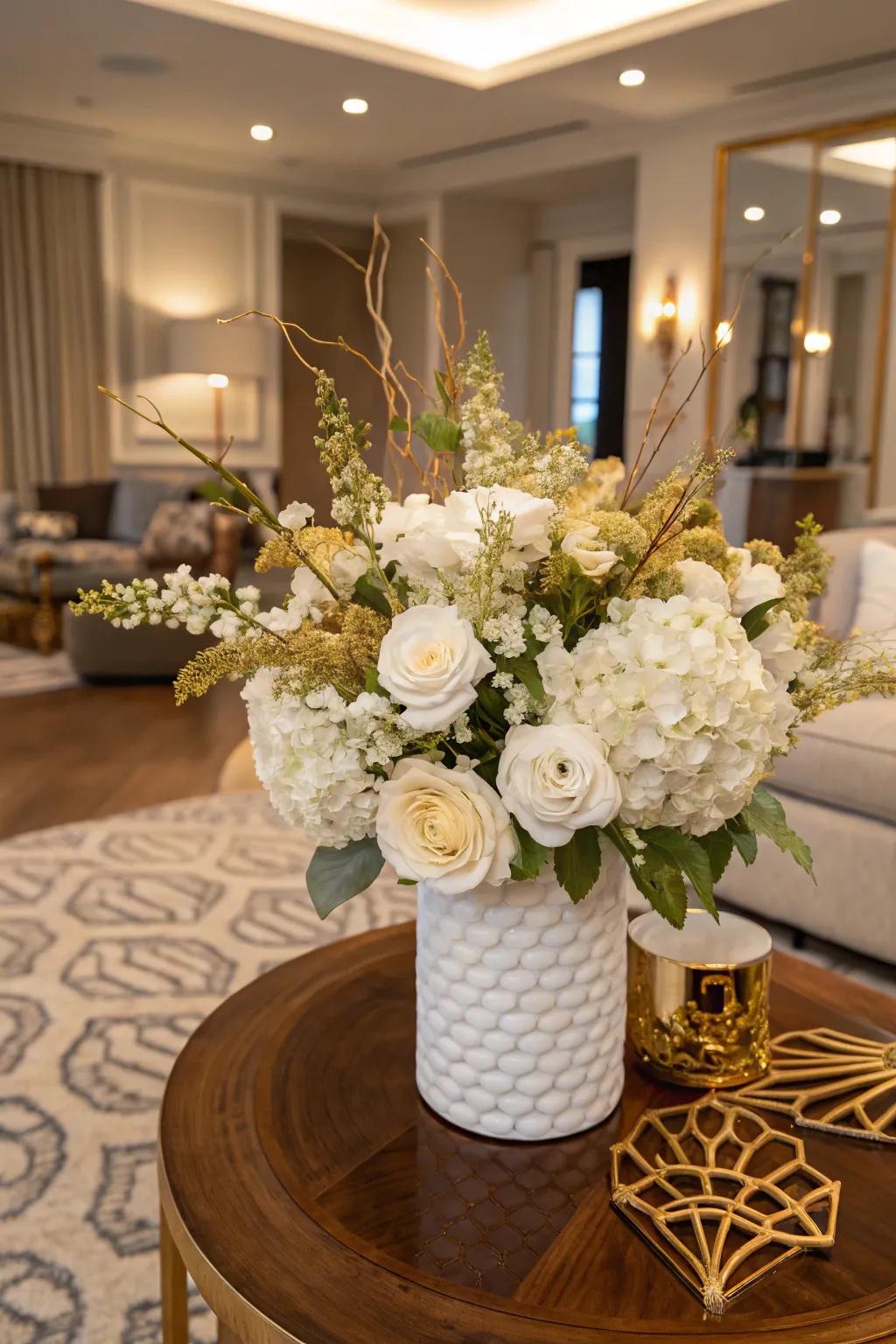 A botanical composition featuring golden accents infuses refinement and appeal.