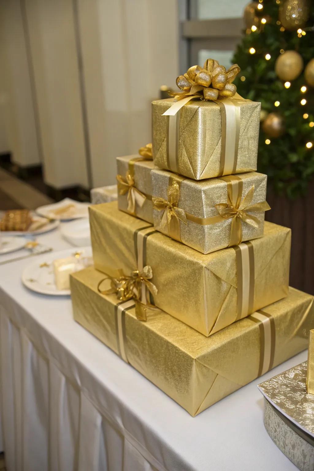 Gifts wrapped in gold paper enhance the festive atmosphere.