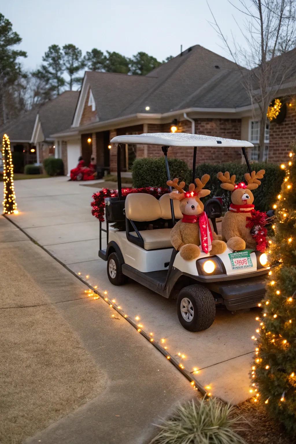 Rudolph leads the way on this holiday golf cart.