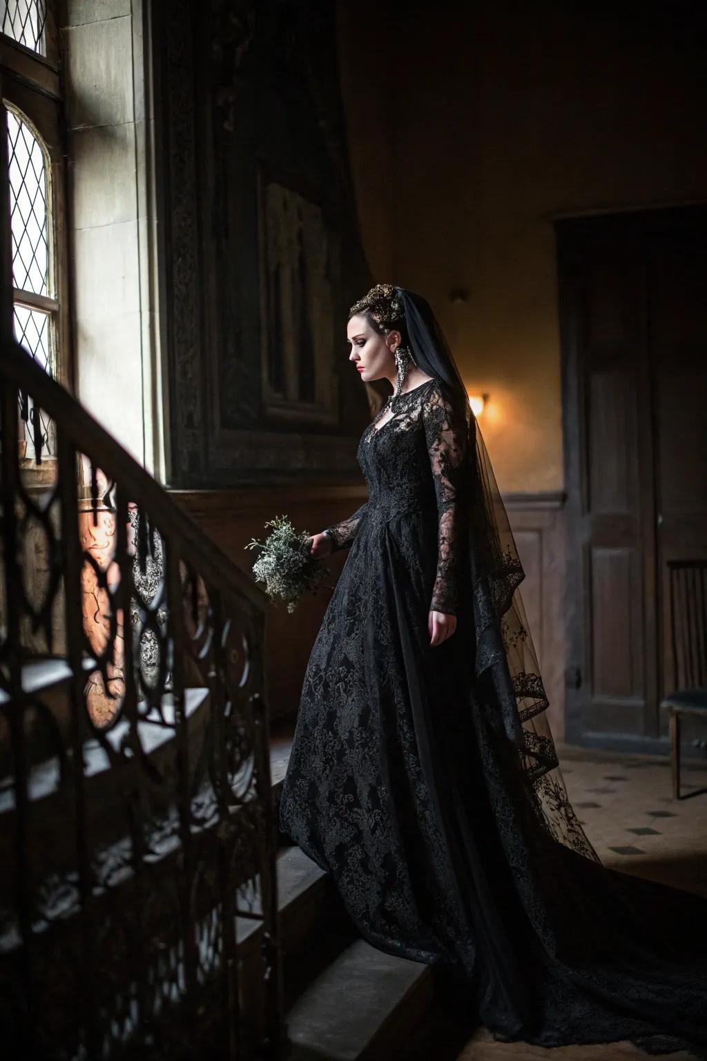 A gothic bride sporting a magnificent shadowy lace bridal gown.