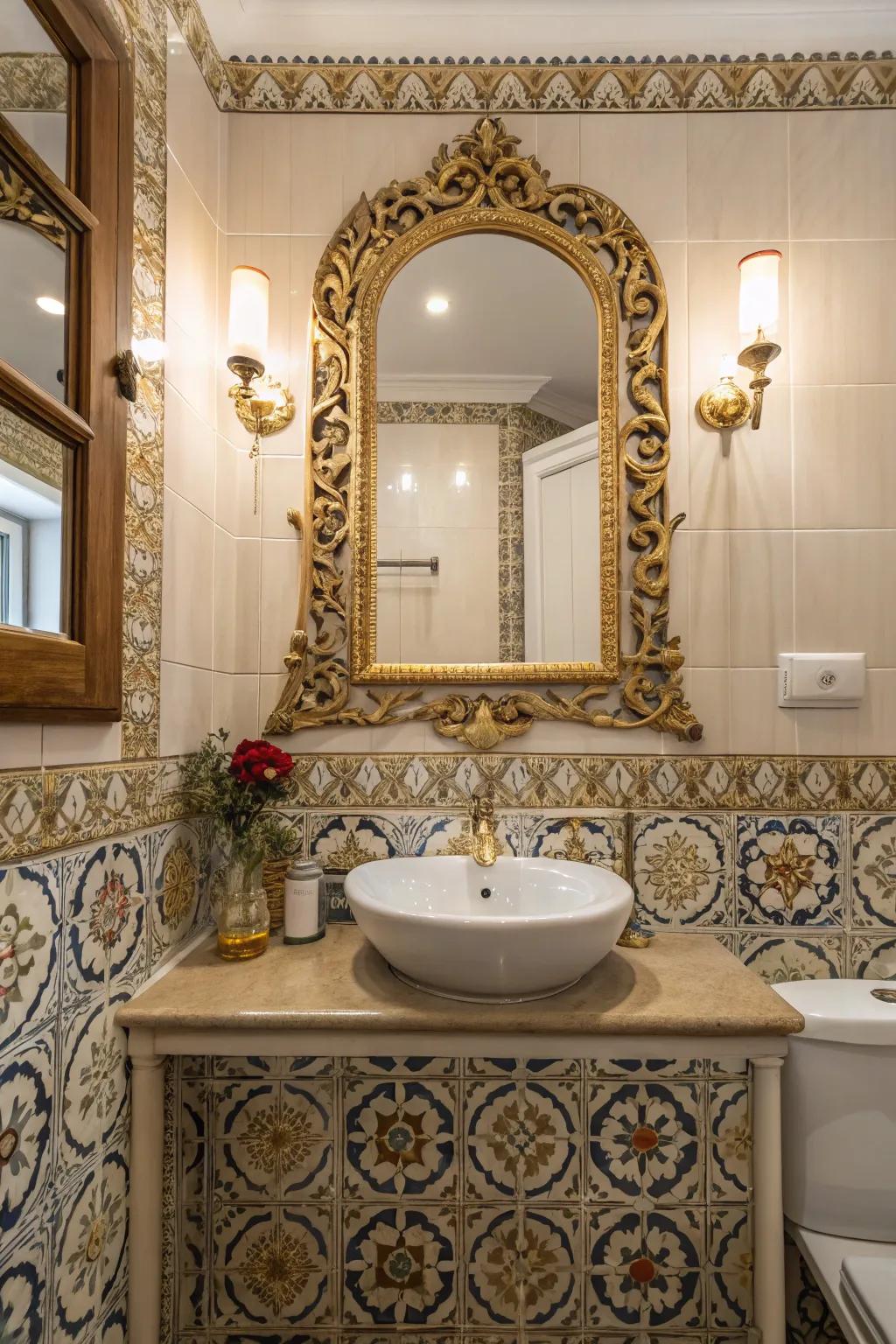 Complex features amplify the gothic grace of this bathroom.