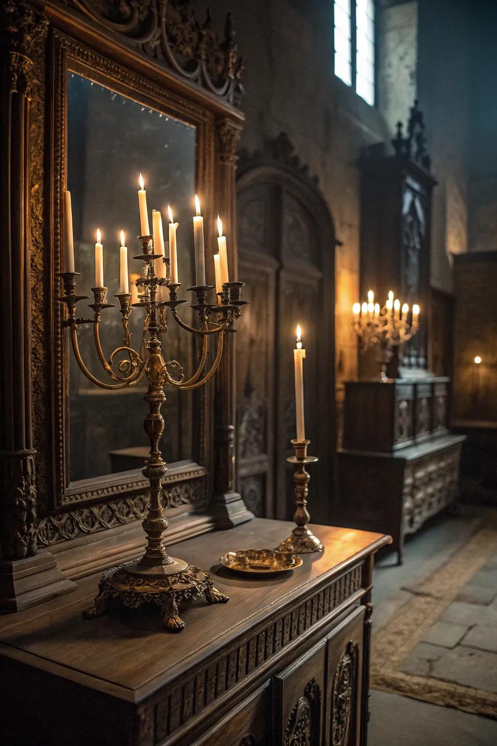 A multi-branched candle holder adds warmth and mystery to your shadowed dressing table.