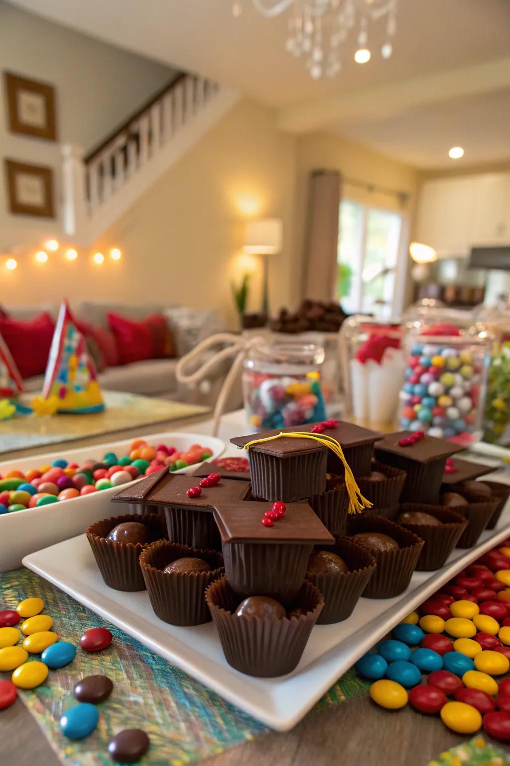 Homemade graduation caps make your candy arrangement enjoyable and celebratory.