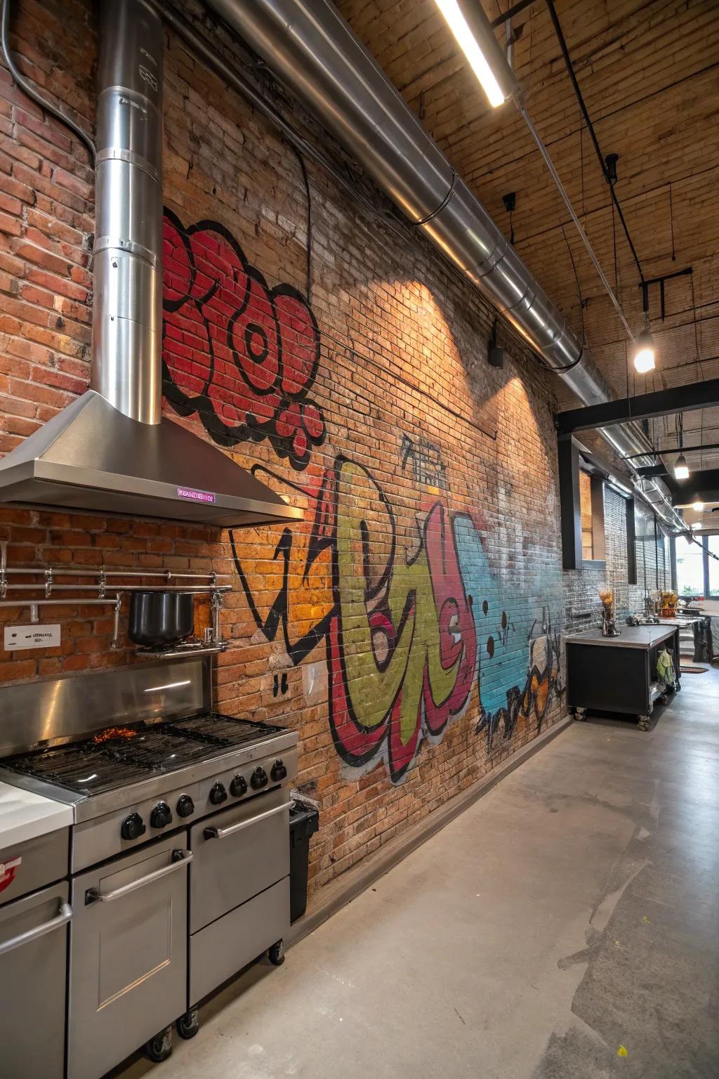 Urban art on a brick wall complementing a modern kitchen