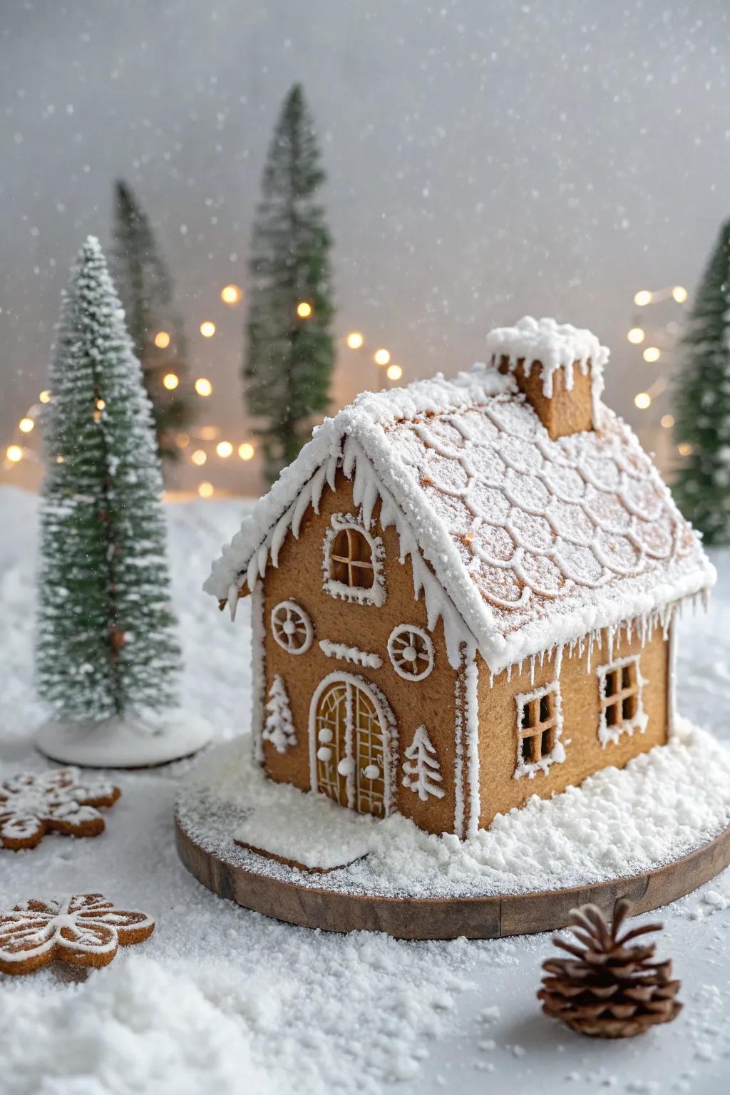 Icy panorama gingerbread house displaying a snowy finish.