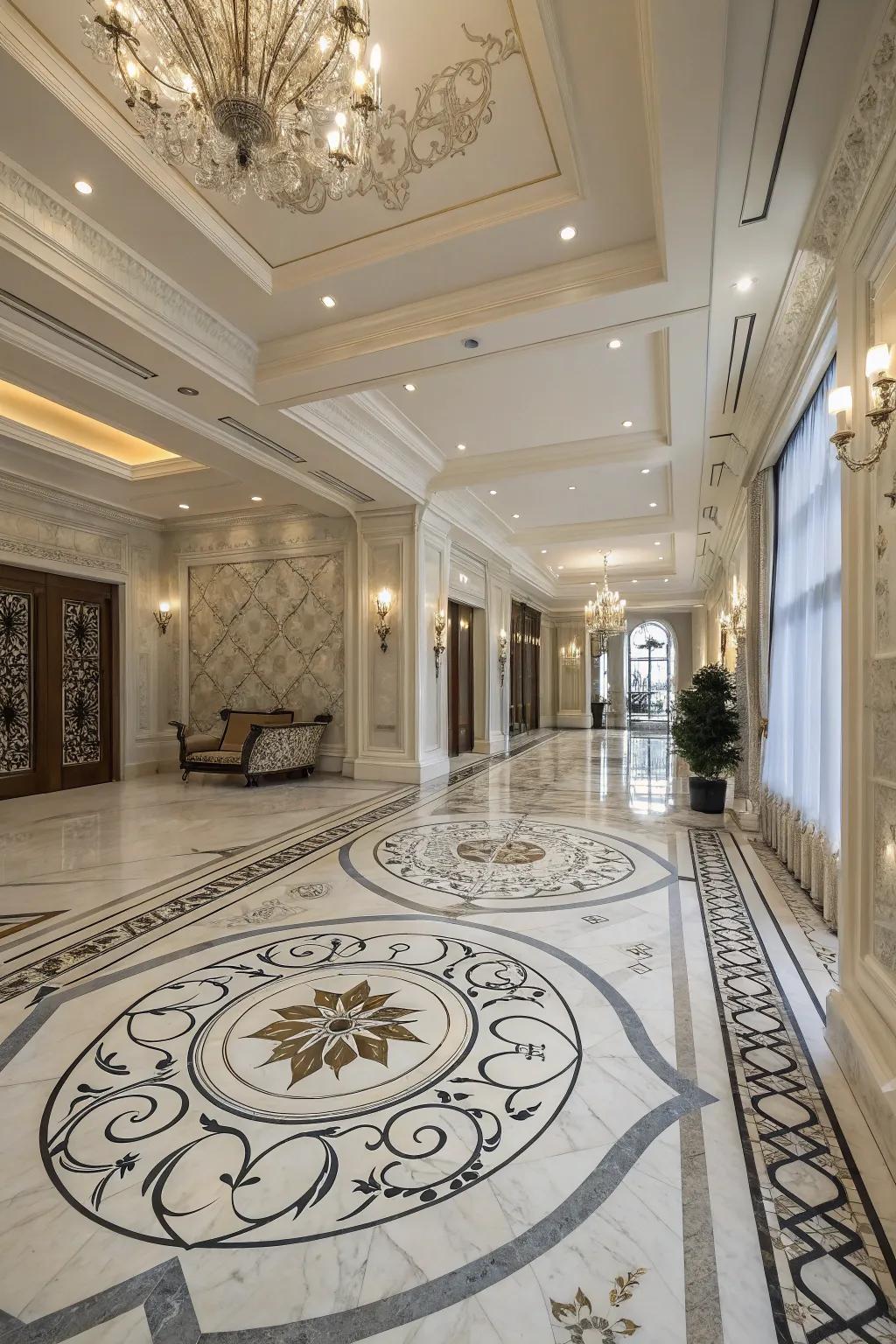 Detailed mineral flooring in a grand entryway, introducing sophistication and style.