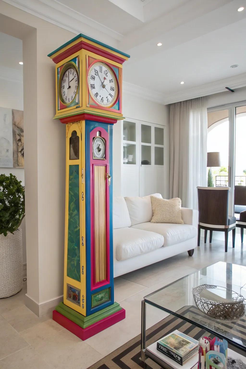 A striking paint selection makes a tall case clock a modern statement piece.