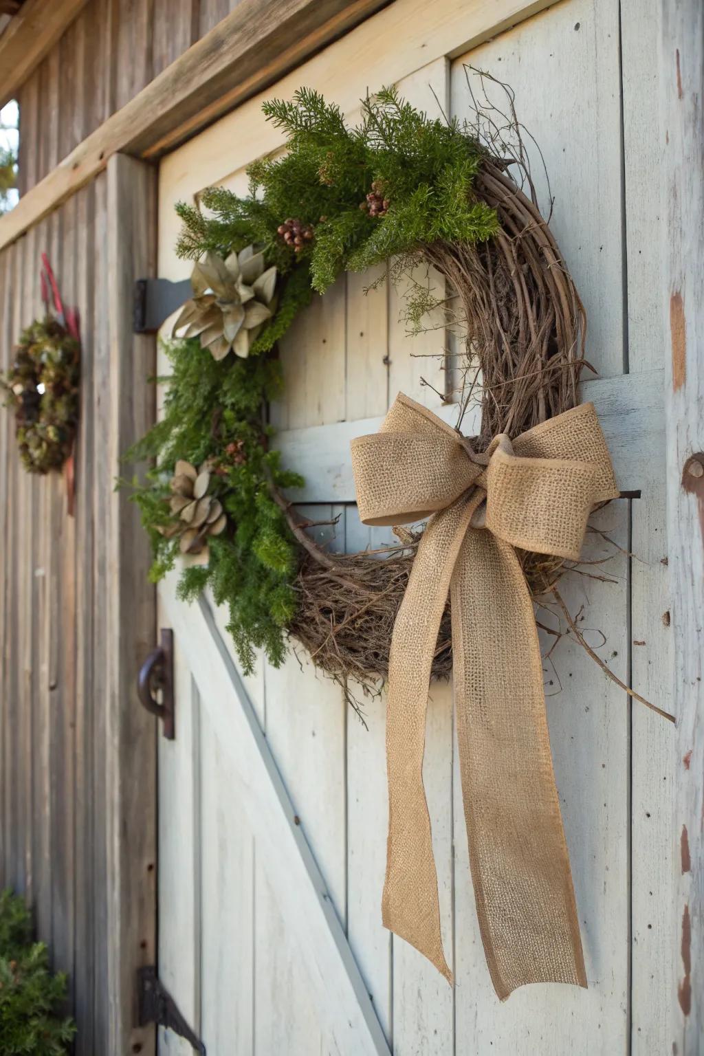 A rustic grapevine wreath featuring hessian cloth and a ribbon.