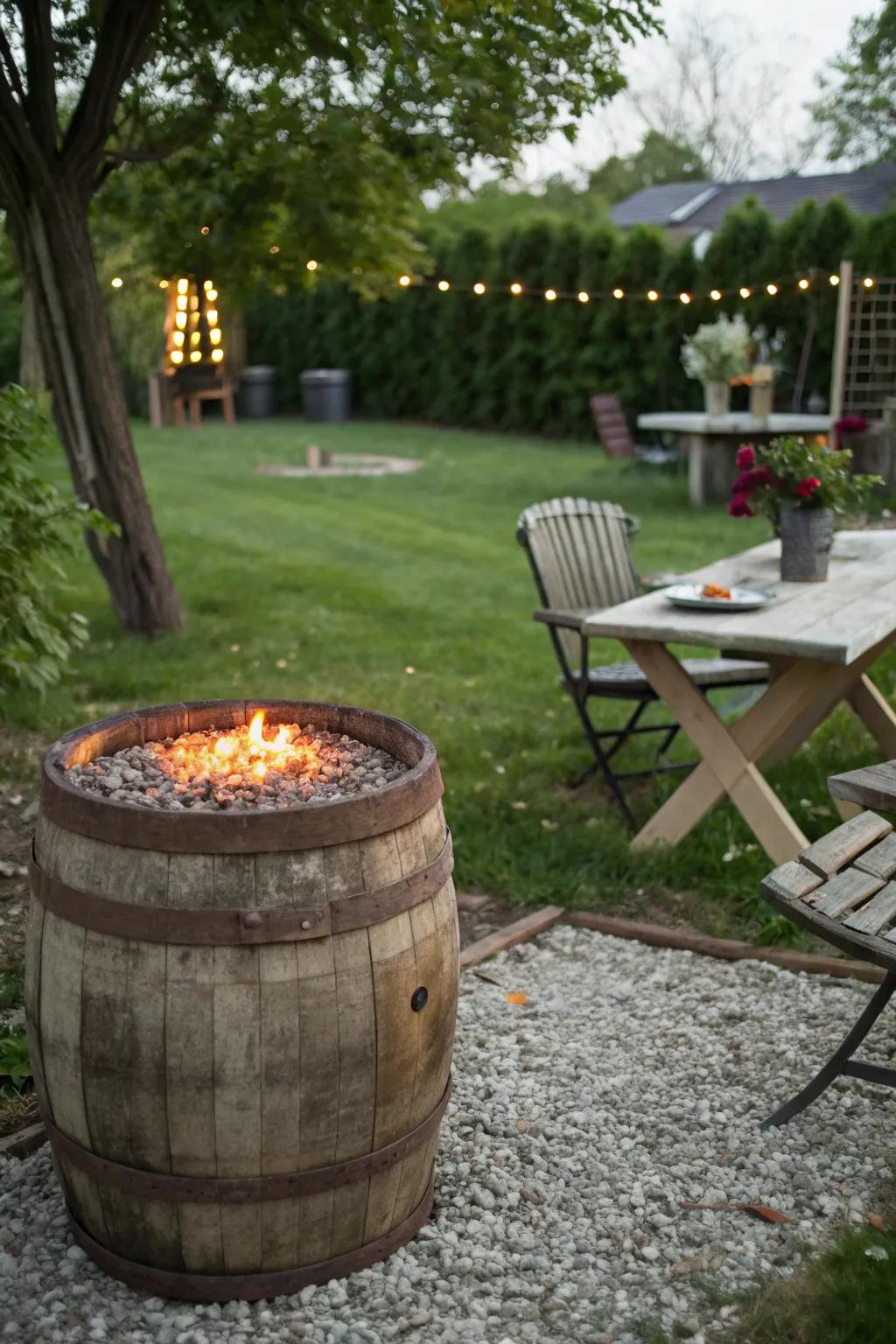 Cask tables add a country-style charm to your fire feature area.