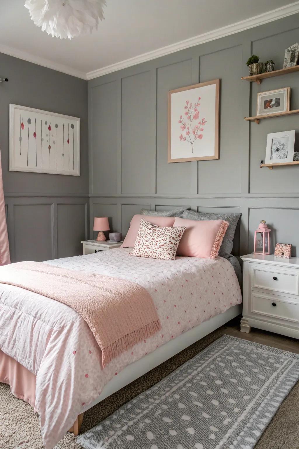 A heartfelt gray and rose bedroom.