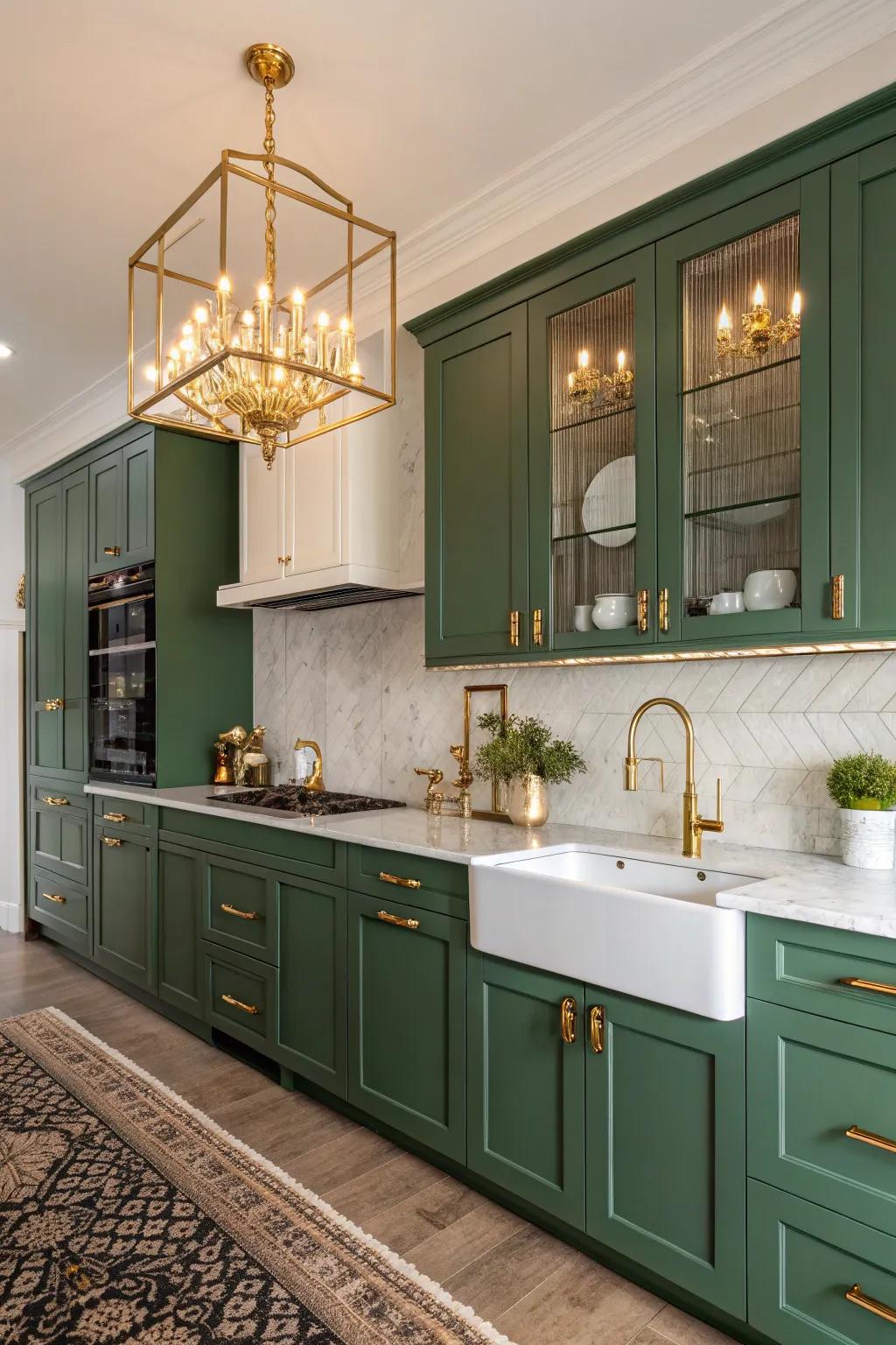 Luxurious kitchen featuring emerald green cabinets and gold accents.