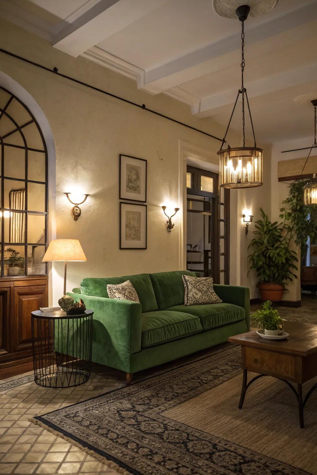 Staged illumination enhances the visual charm of a green couch while establishing the room's atmosphere.