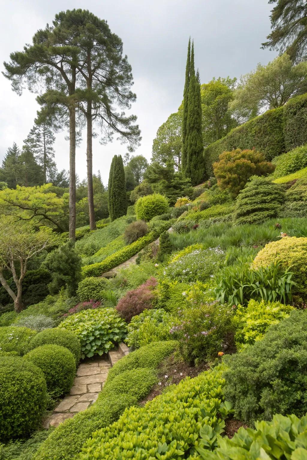 A rich, textured garden featuring layered plantings for depth and beauty.