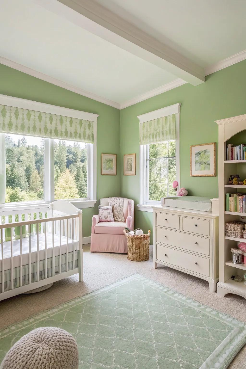 Understated furniture complements the calming green backdrop.