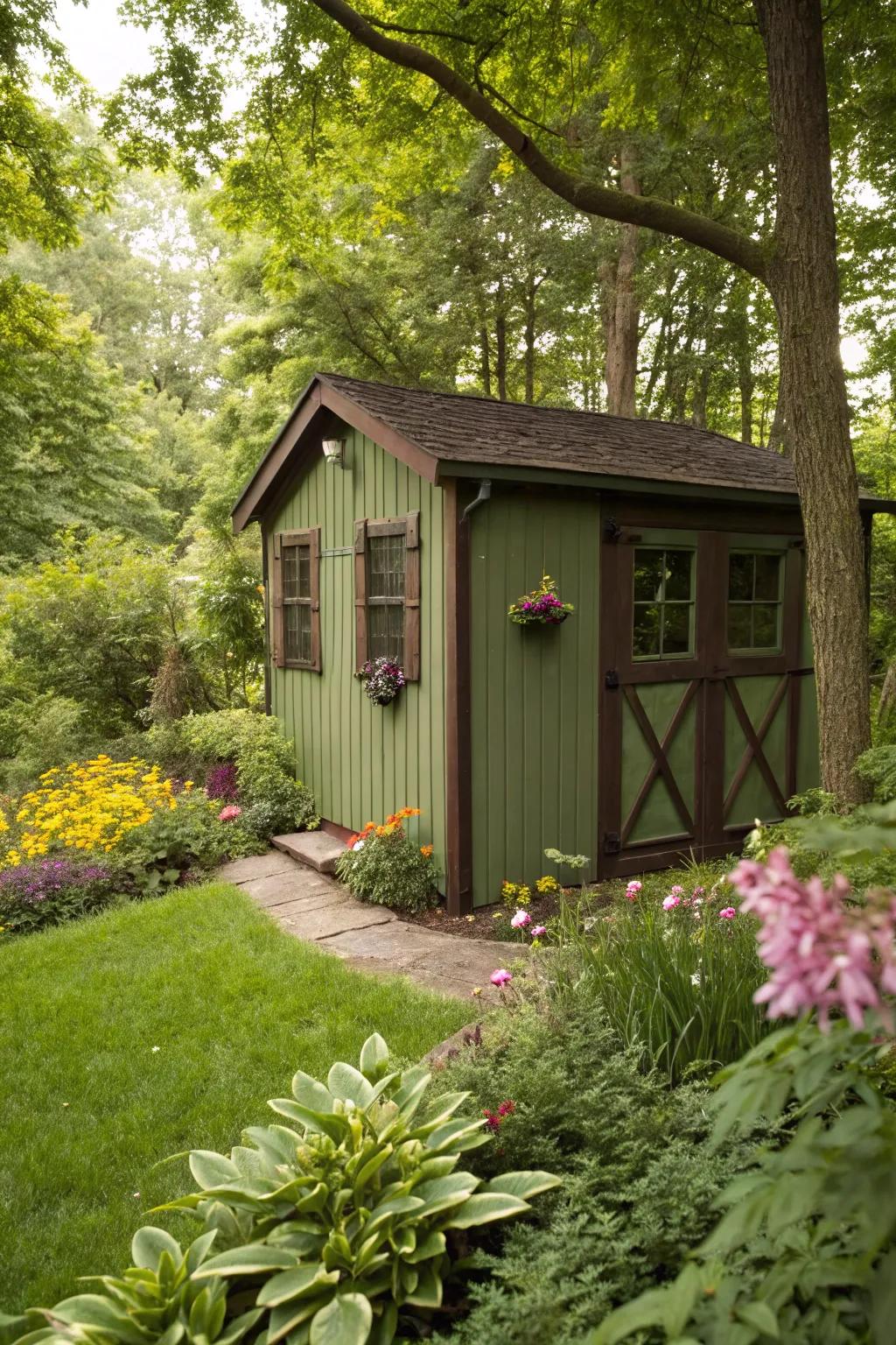 An olive green shed harmonizes beautifully within its natural environment.