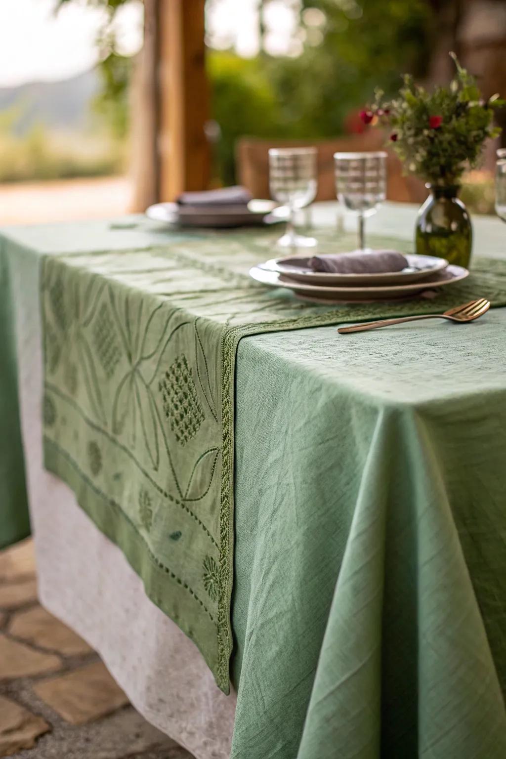 A structured verdant table cover adding dimension to the setting.