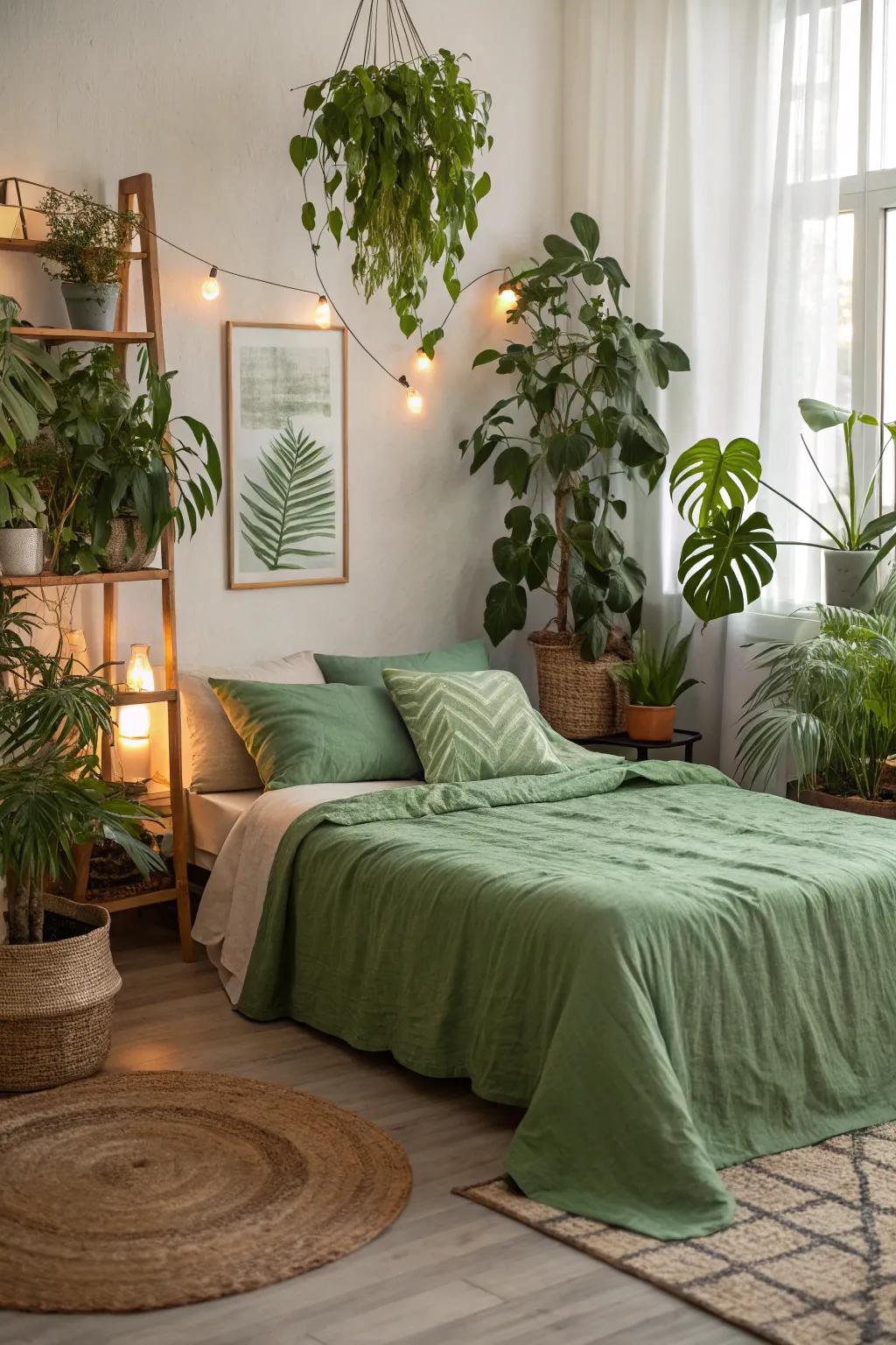 A peaceful bedroom featuring green bedding.
