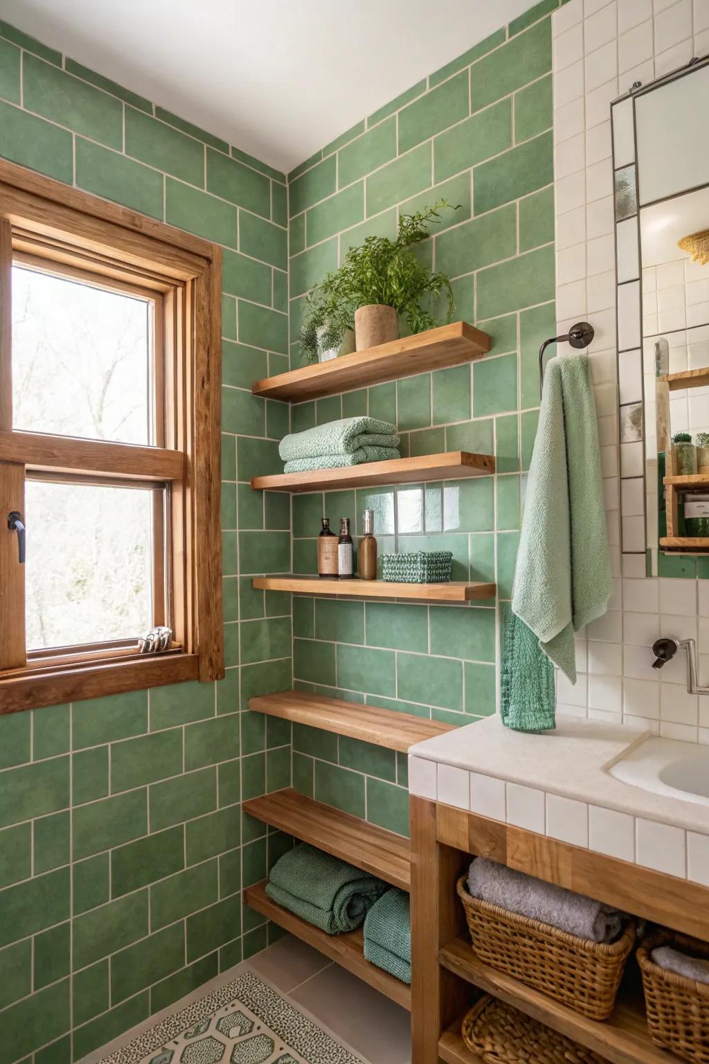 Green tiles and wood produce a balanced, organic sensation.