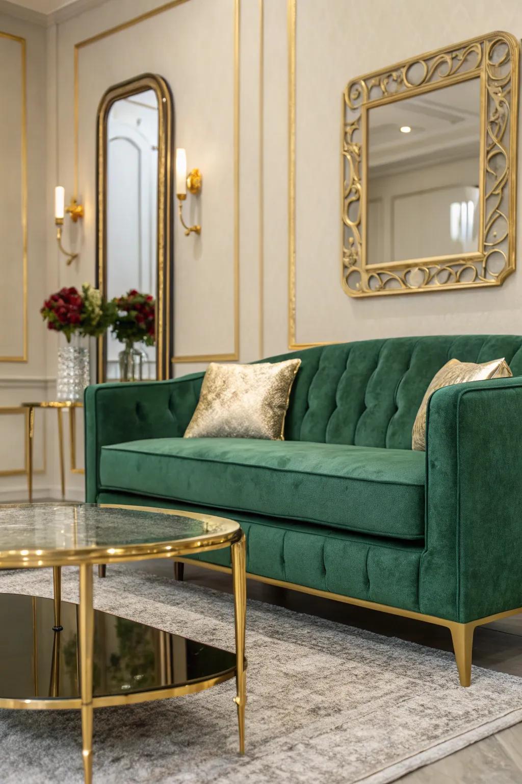 An opulent family room featuring a verdant plush settee and gilt touches.