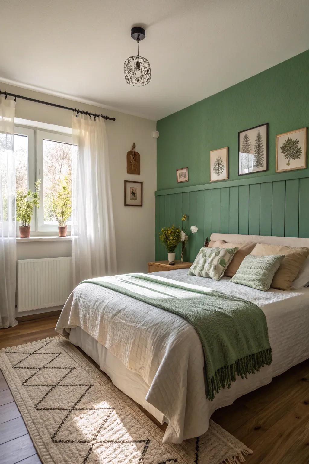 A lavish green focus wall establishes a welcoming and snug atmosphere in a bedroom.