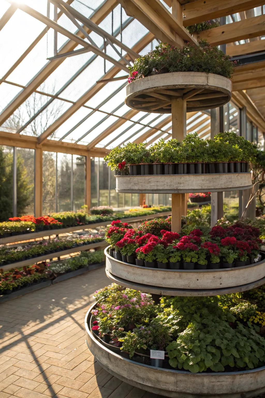 Spectacular circular tiered racks spotlighting unique plant life.