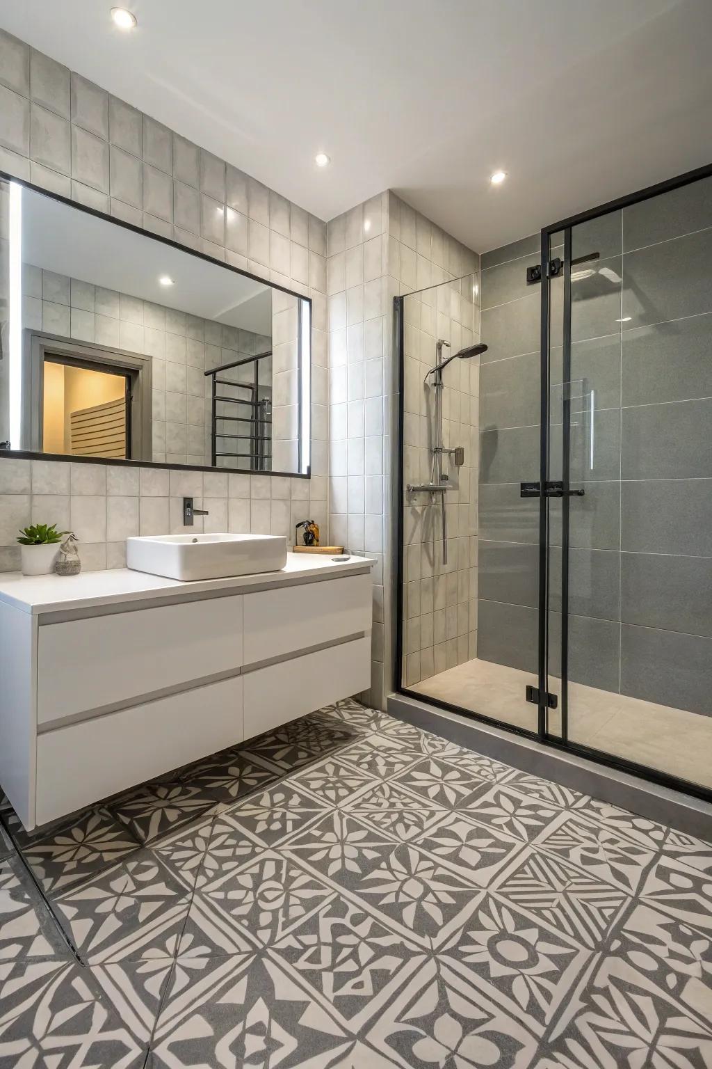 Textured tiles enrich the visual allure of a grey bathroom.
