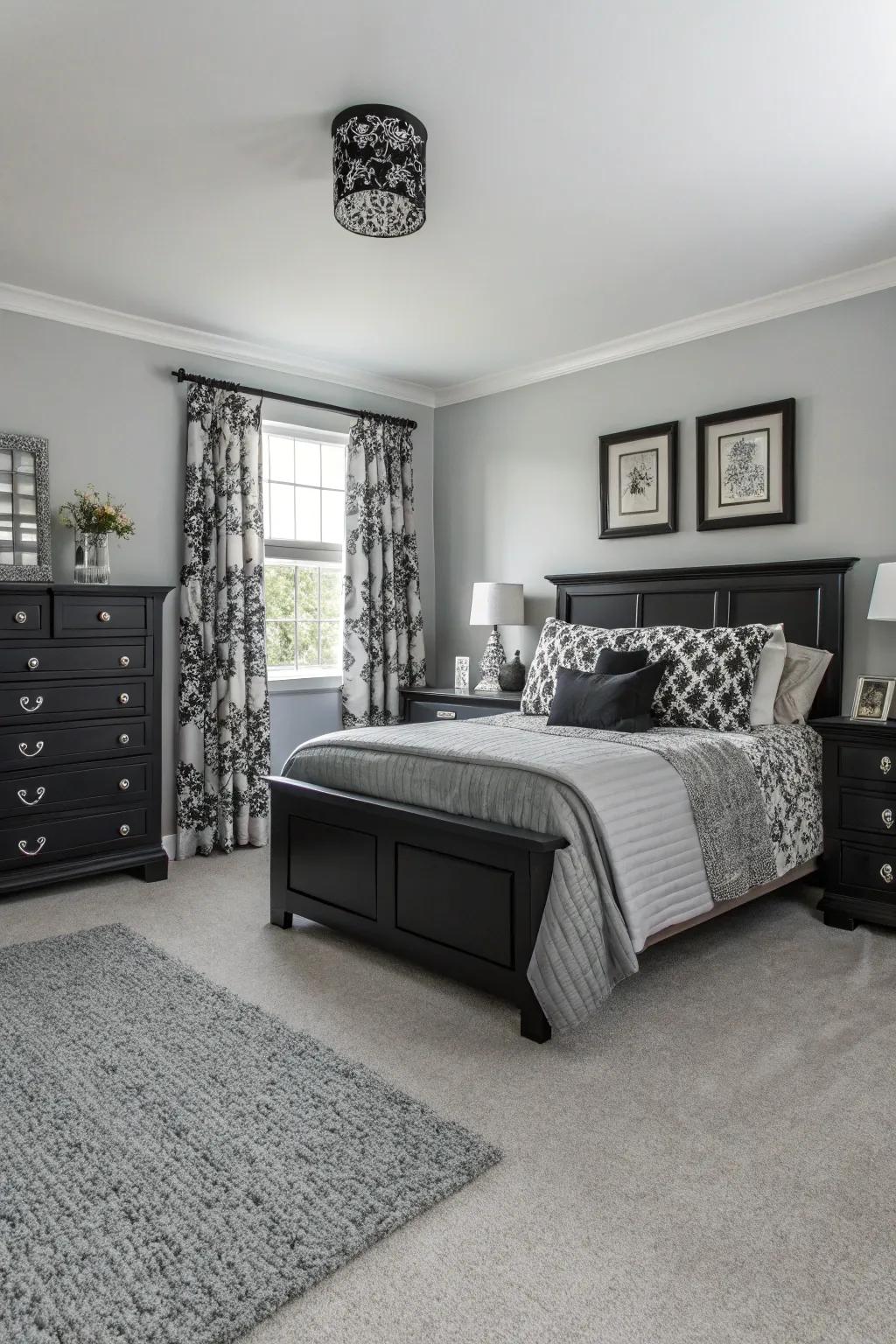 This grey carpeted bedroom features a monochrome scheme, giving it a modern and refined touch.