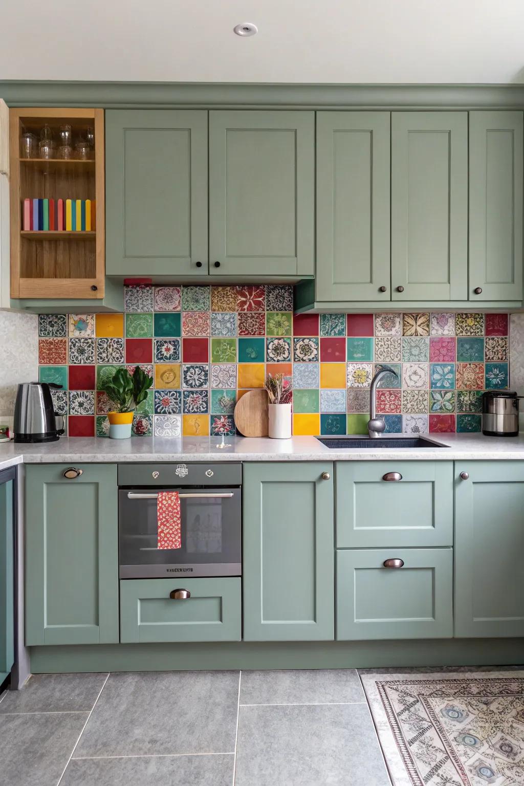 A lively backdrop introduces a burst of color to grey-green cabinets.