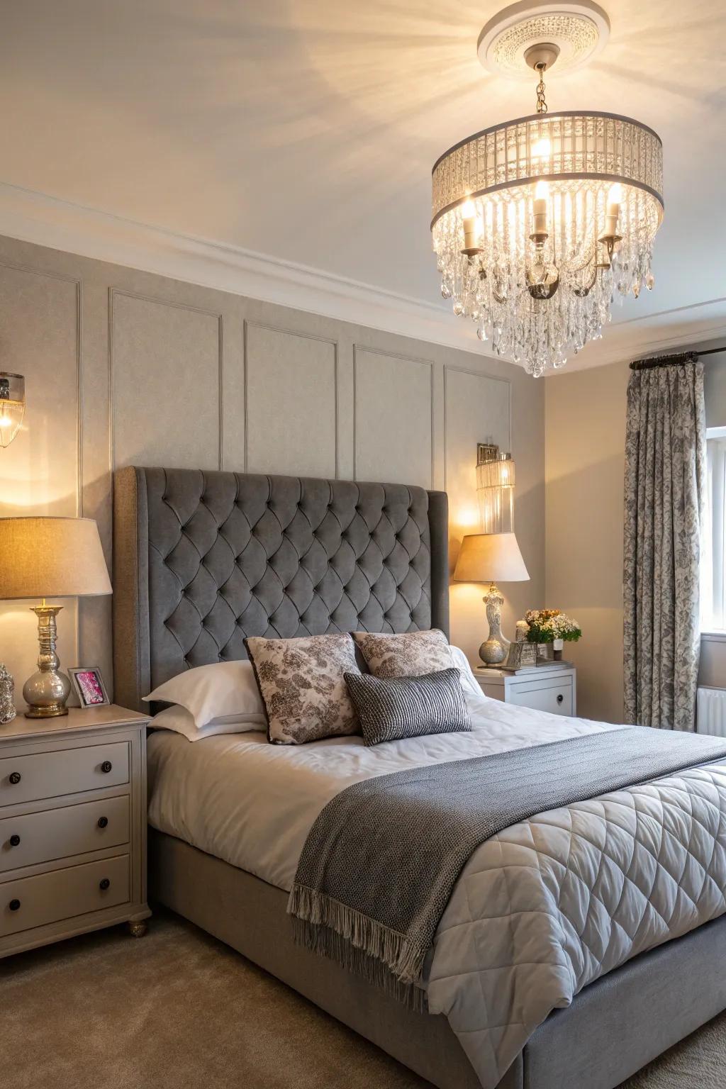 A bedroom featuring a slate-toned headboard, brought to life by a blend of overhead and lamp lighting.