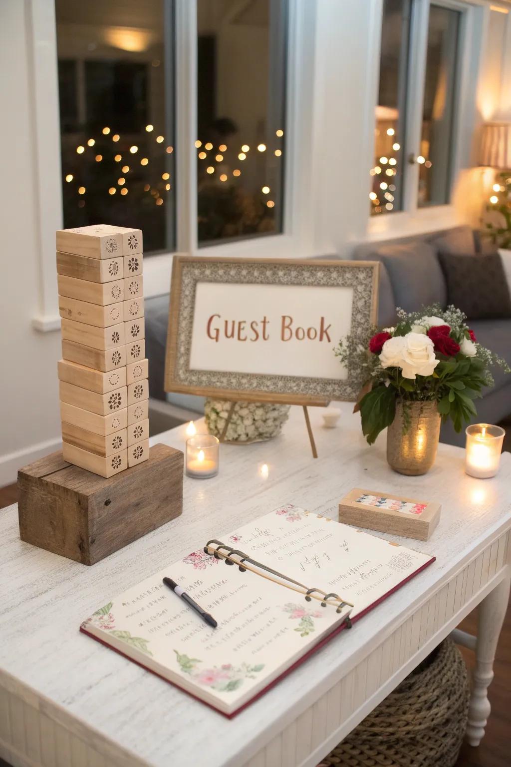 Stacking tower blocks as a unique guest book alternative.