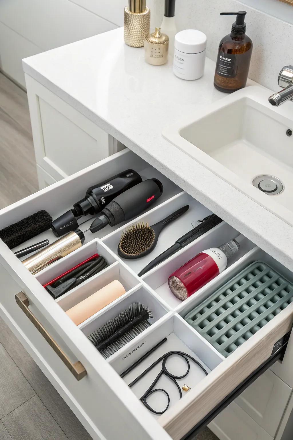 Immaculate drawer dividers for perfectly organized hair necessities.