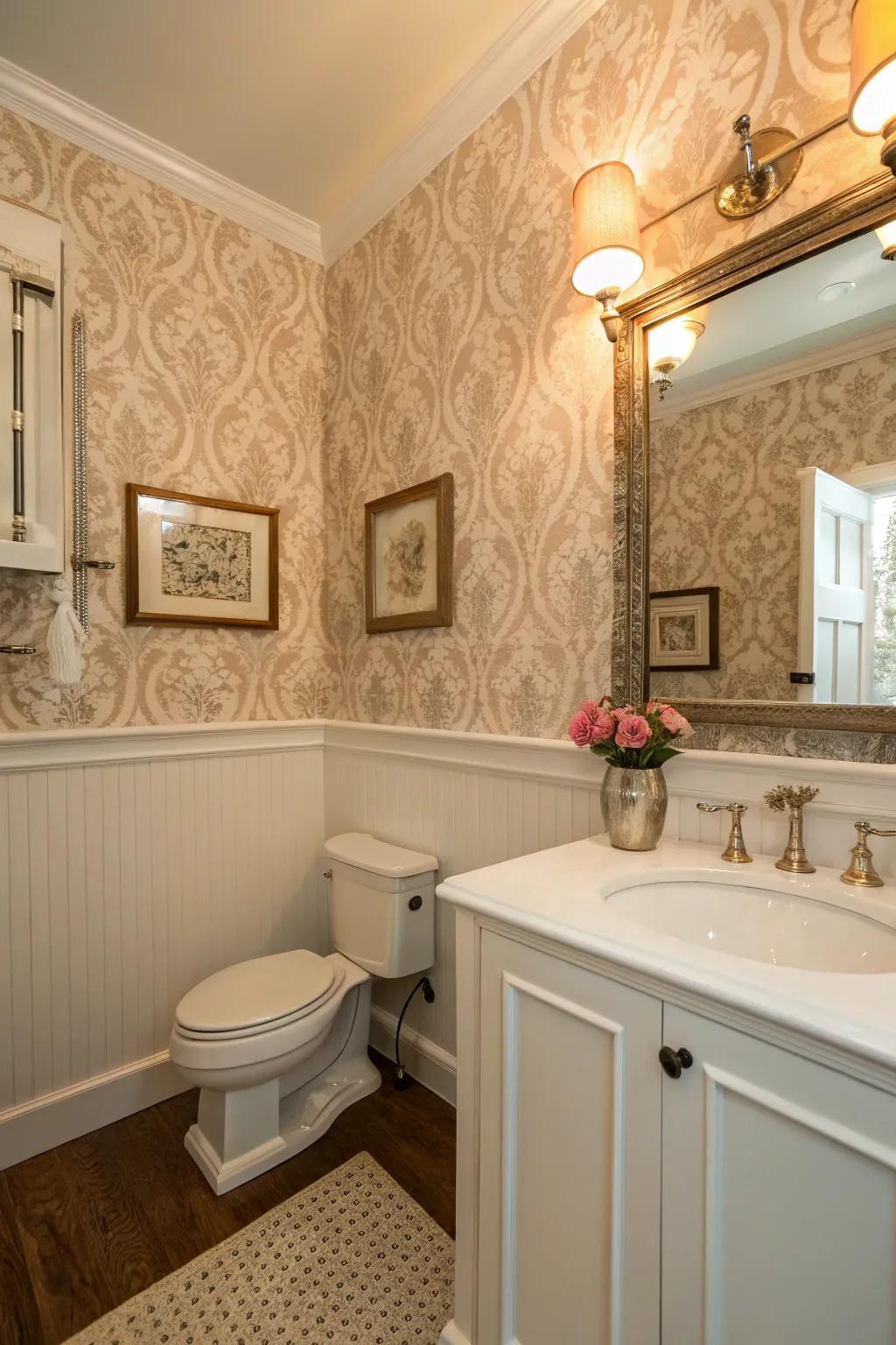 Paneling incorporates dimension and feel to walls adorned with wallpaper.