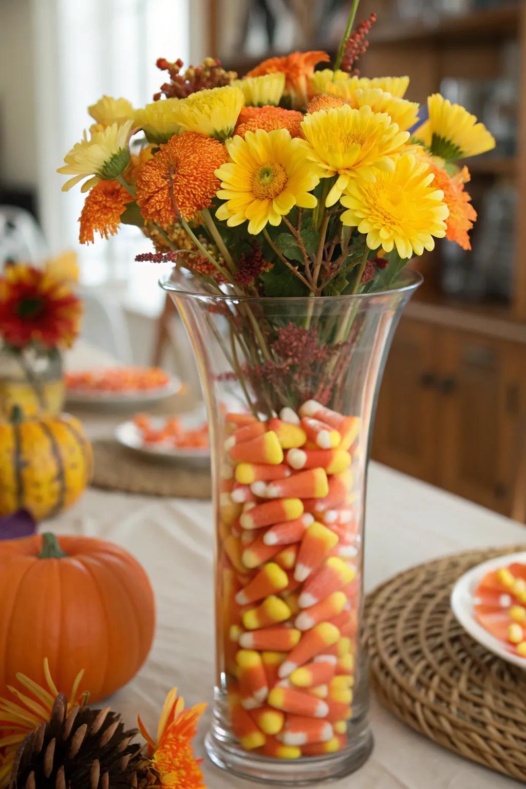 Layered confection pieces infuse a playful aspect into this Halloween bouquet.