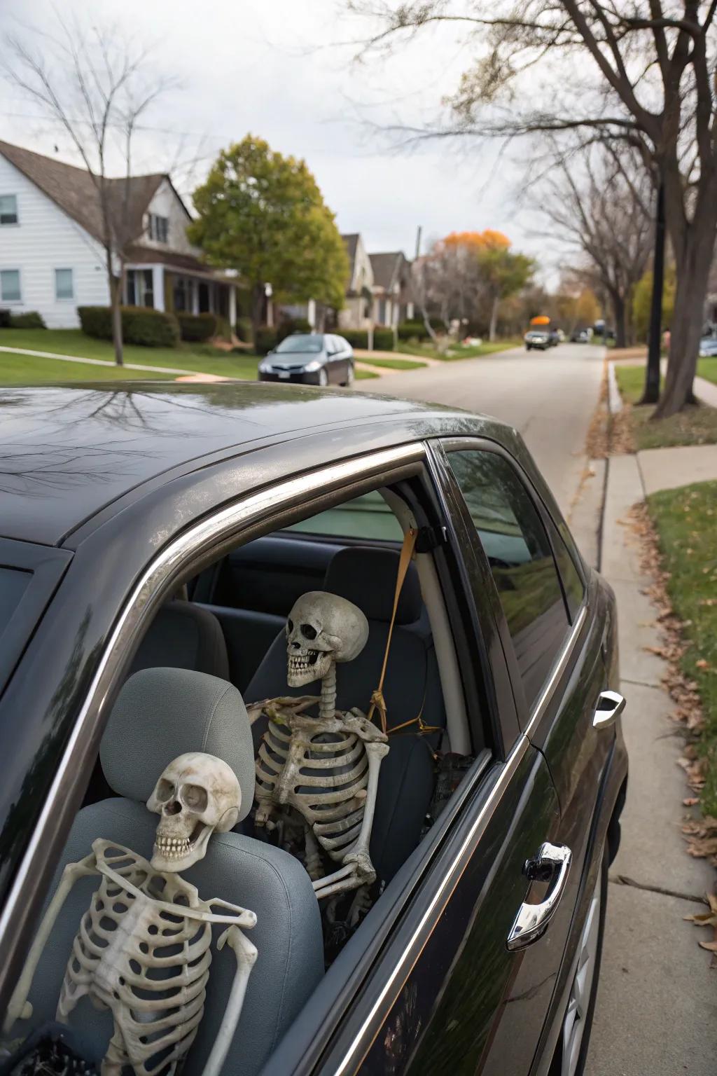 Skeletons create eerie and amusing passengers.