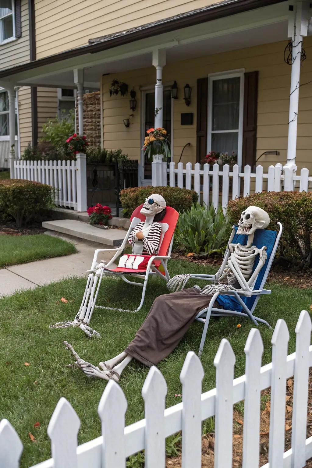 Humorous skeletons savoring a night's respite in the front garden.