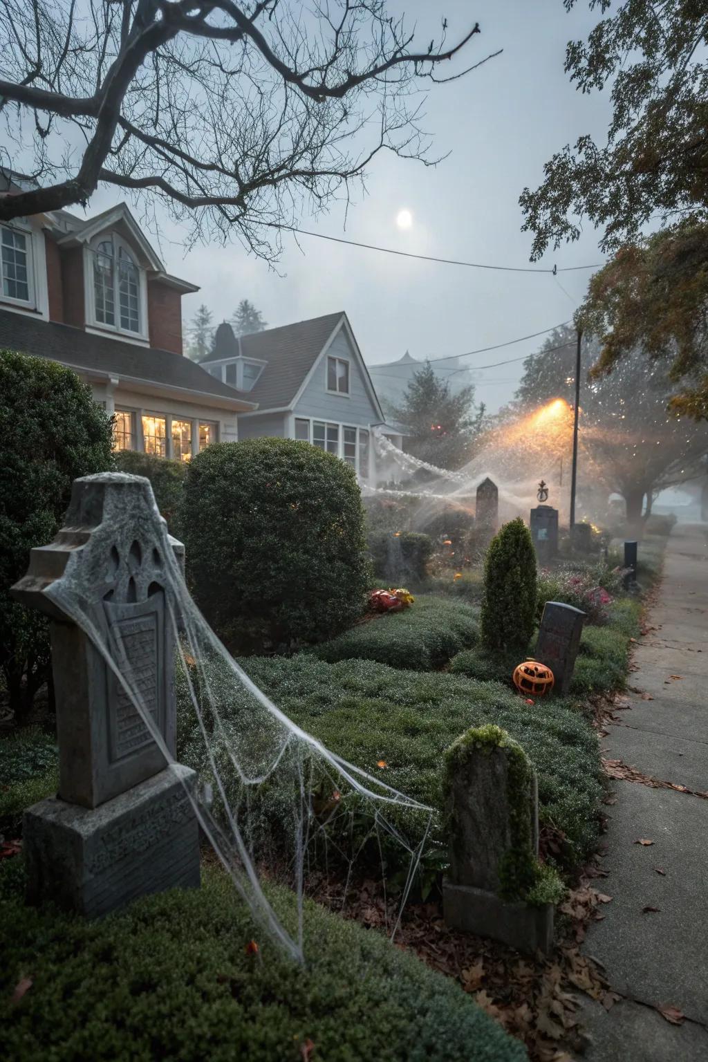 Incorporate a hint of enigma via arachnid netting enveloping your graveyard.
