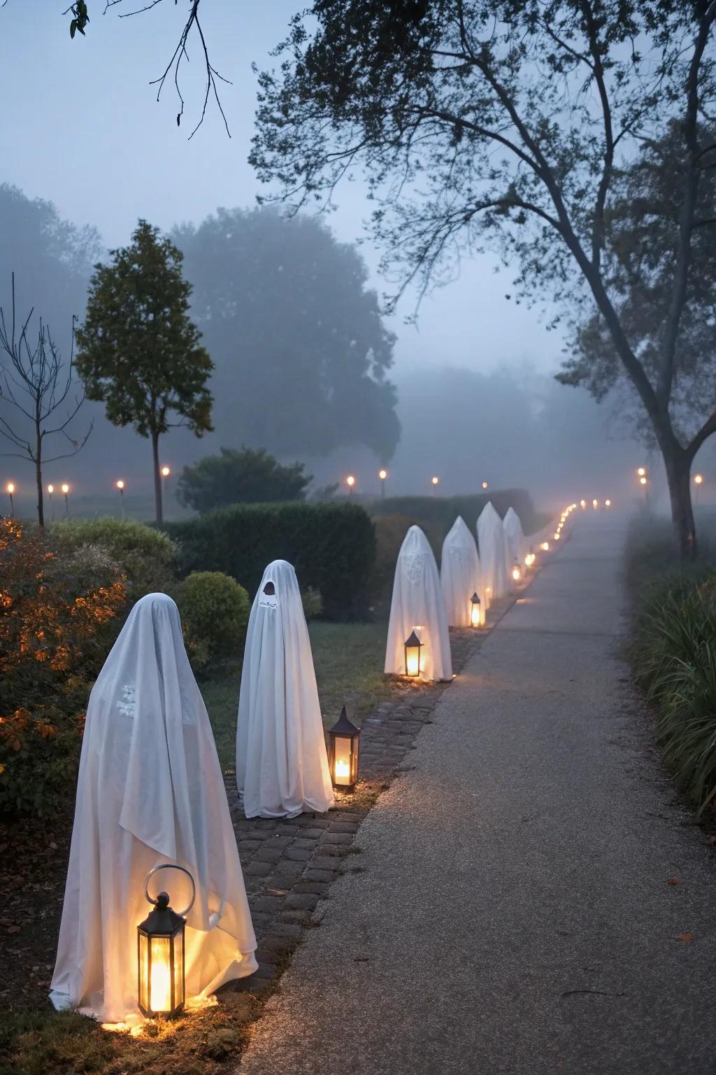 Phantom luminaries illuminate a pathway with a gentle, enigmatic aura