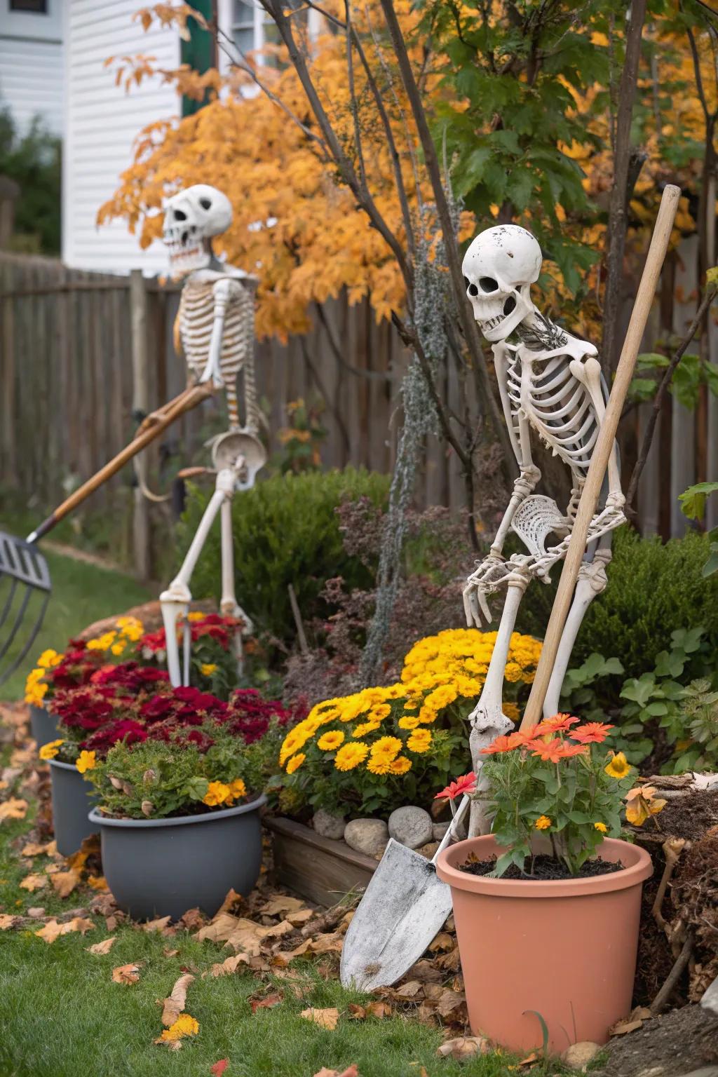 Gardening skeletons append a playful aspect to your outdoor Halloween decor.