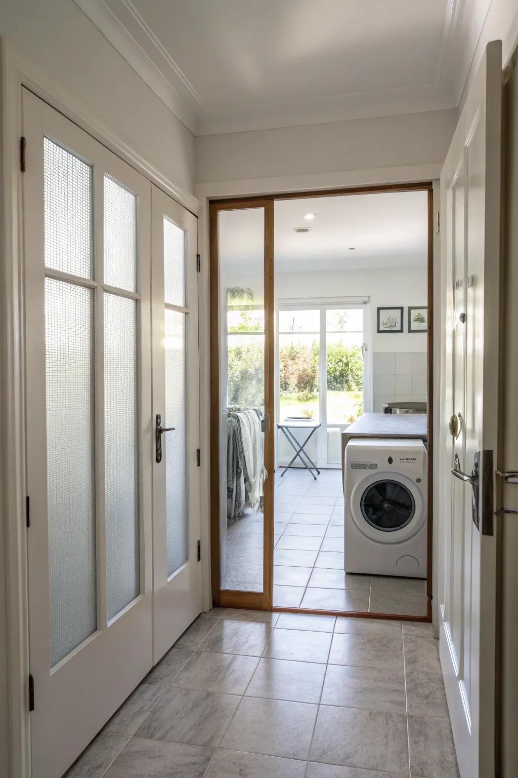 Obscured glass doors brighten and enlarge a hallway laundry room.