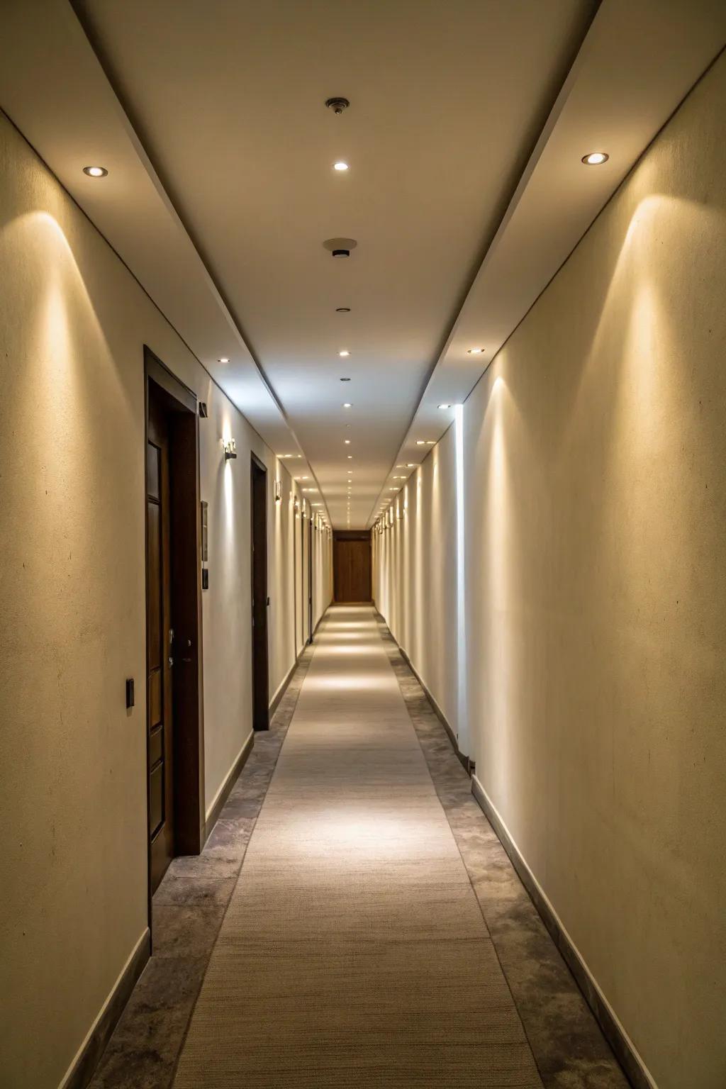 Recessed lighting offers a clean, bright look suitable for narrow hallways.