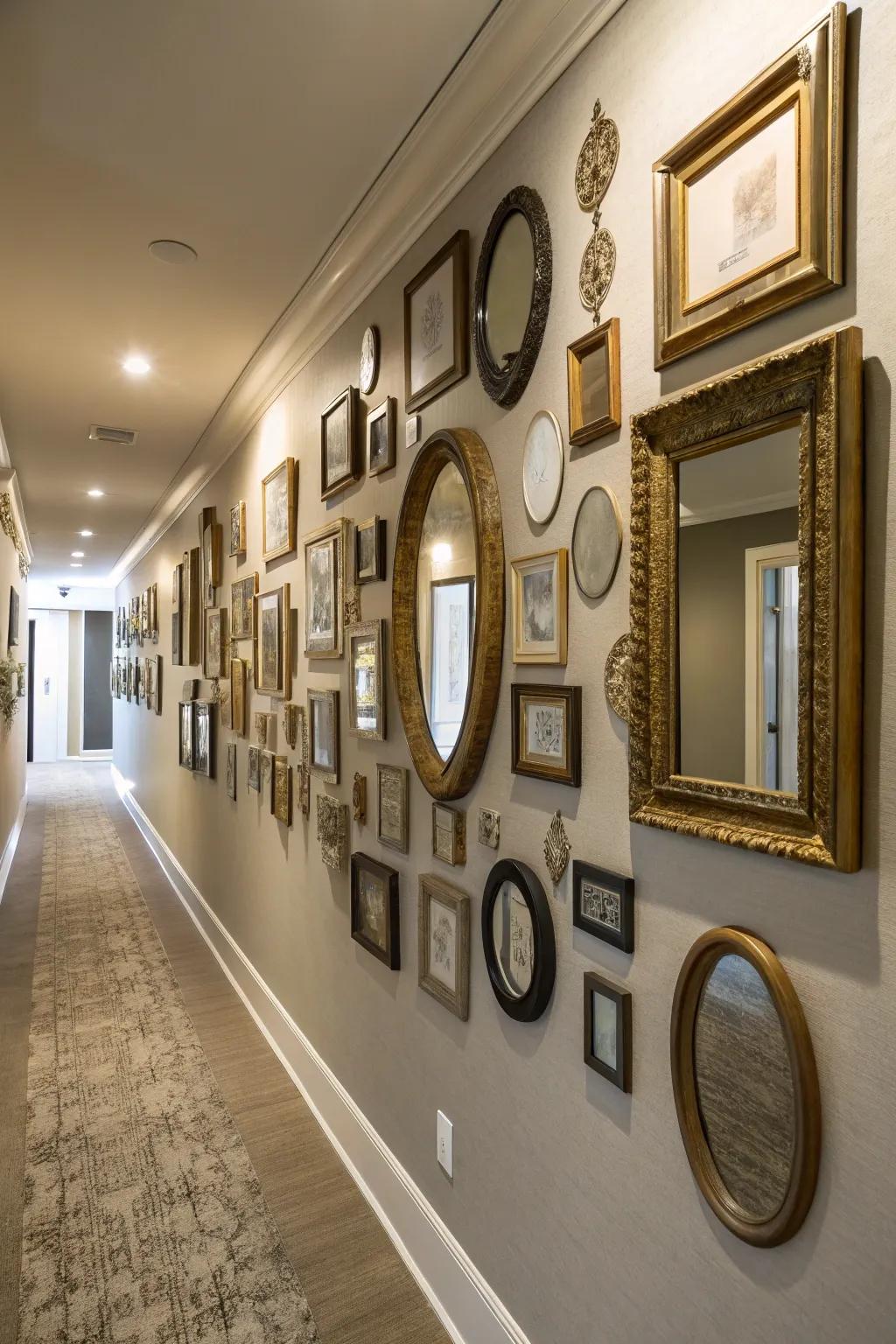A gallery wall of mirrors introduces an element of dynamic interest.